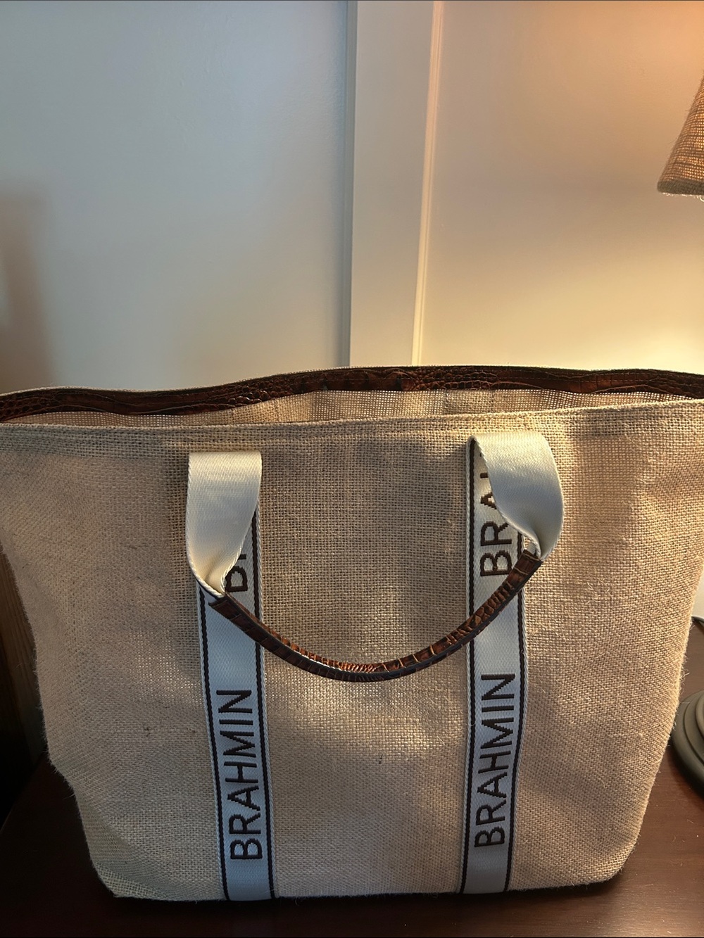 Brahmin Natural Jute Tote with Brown Trim and White Branded Webbing
